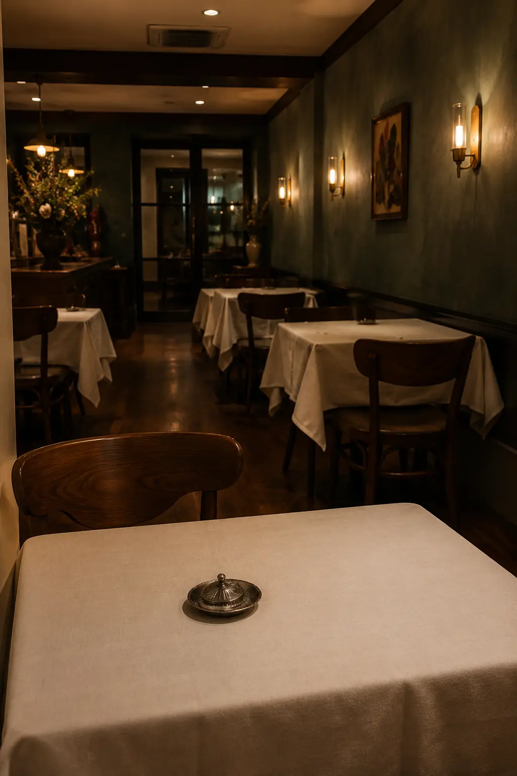 An intimate empty dining room after service with a small covered dish on the nearest table