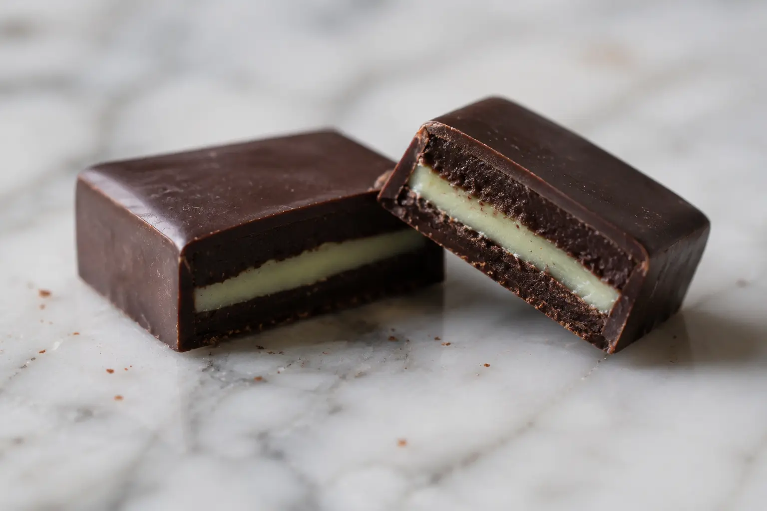 Two unbranded chocolate mints, one cut open to reveal a pale green center